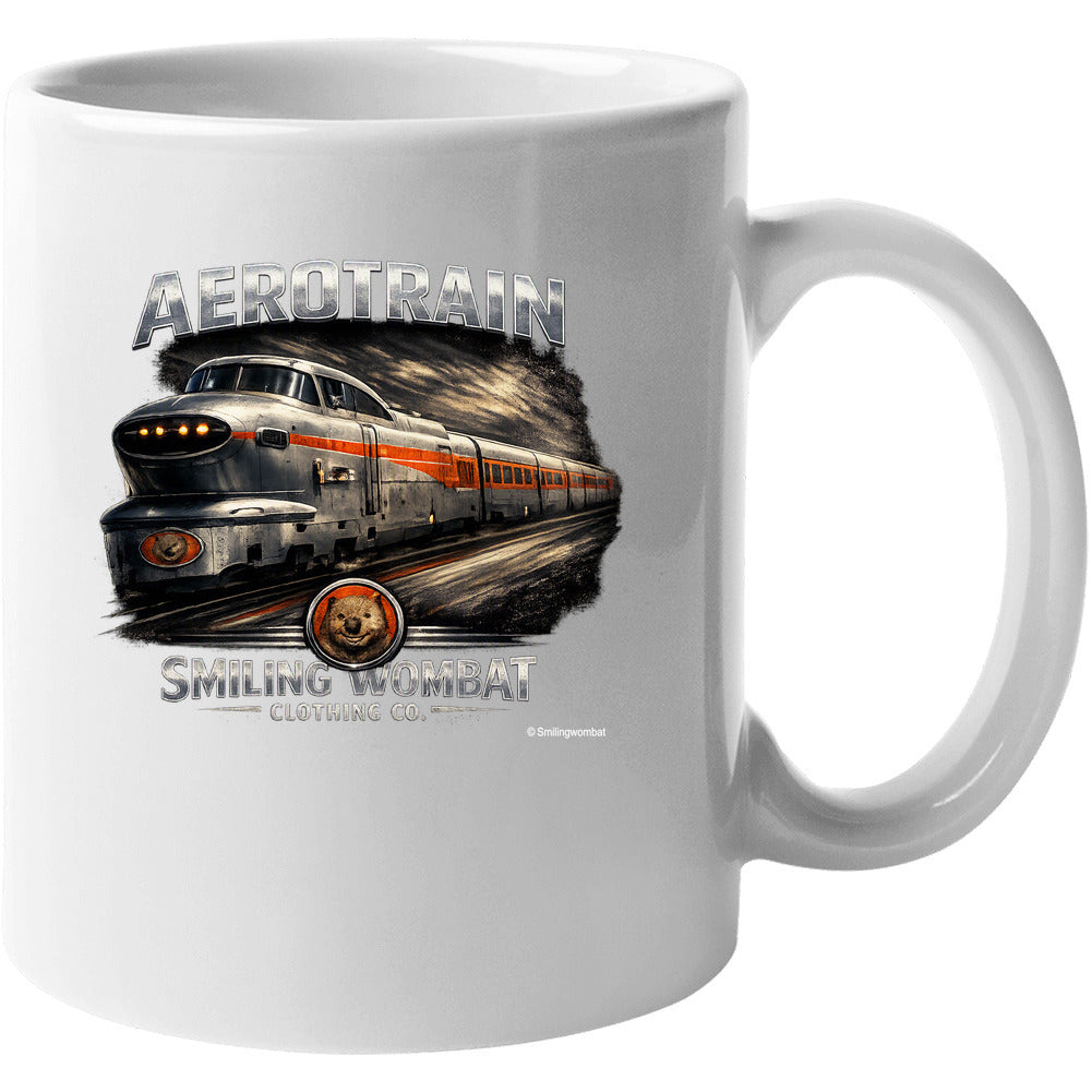 Aerotrain coffee mug white 11oz 15oz Famous Trains Series Smiling Wombat