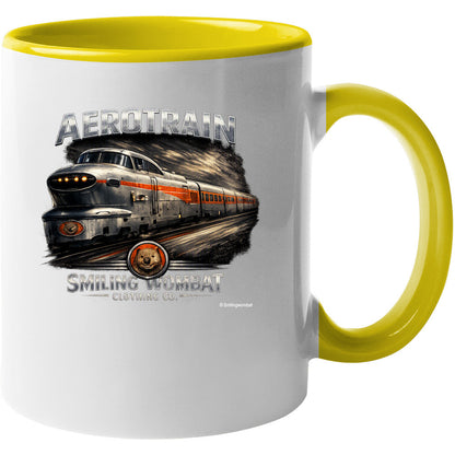 Aerotrain mug white yellow accent vintage locomotive mug Smiling Wombat