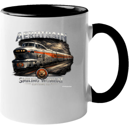 Aerotrain mug white black accent distressed locomotive art Smiling Wombat