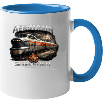 Aerotrain mug white light blue accent vintage train design Smiling Wombat
