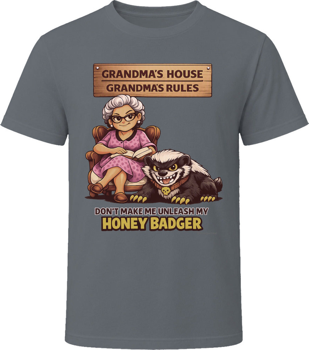 Grandma's Rules honey badger humor graphic t-shirt charcoal grey