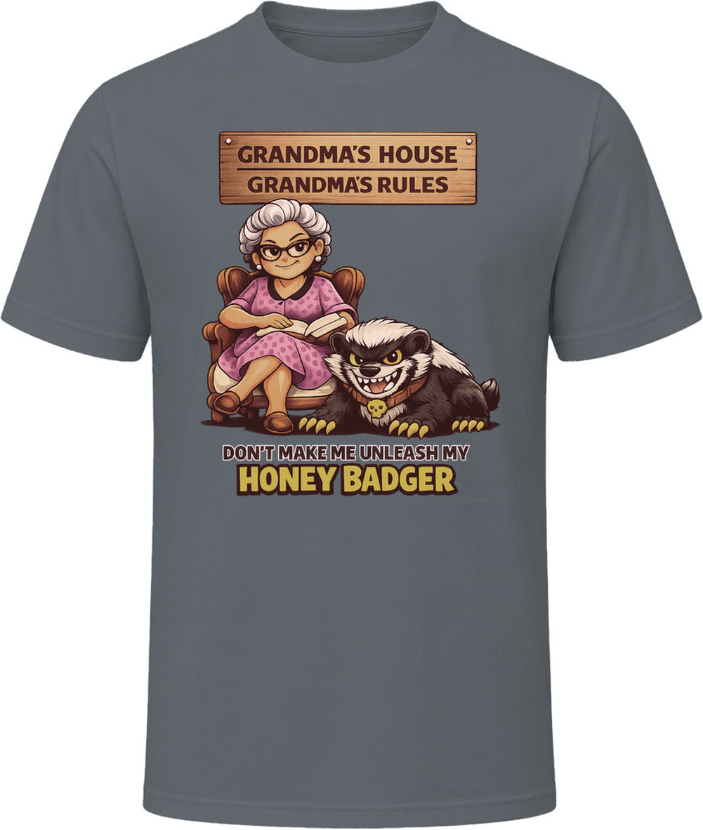 Grandma's Rules honey badger humor graphic t-shirt charcoal grey