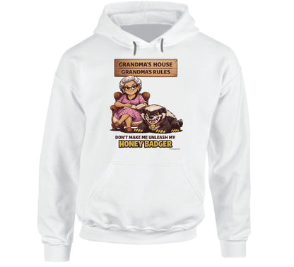 Grandma's House Grandma's Rules honey badger white pullover hoodie