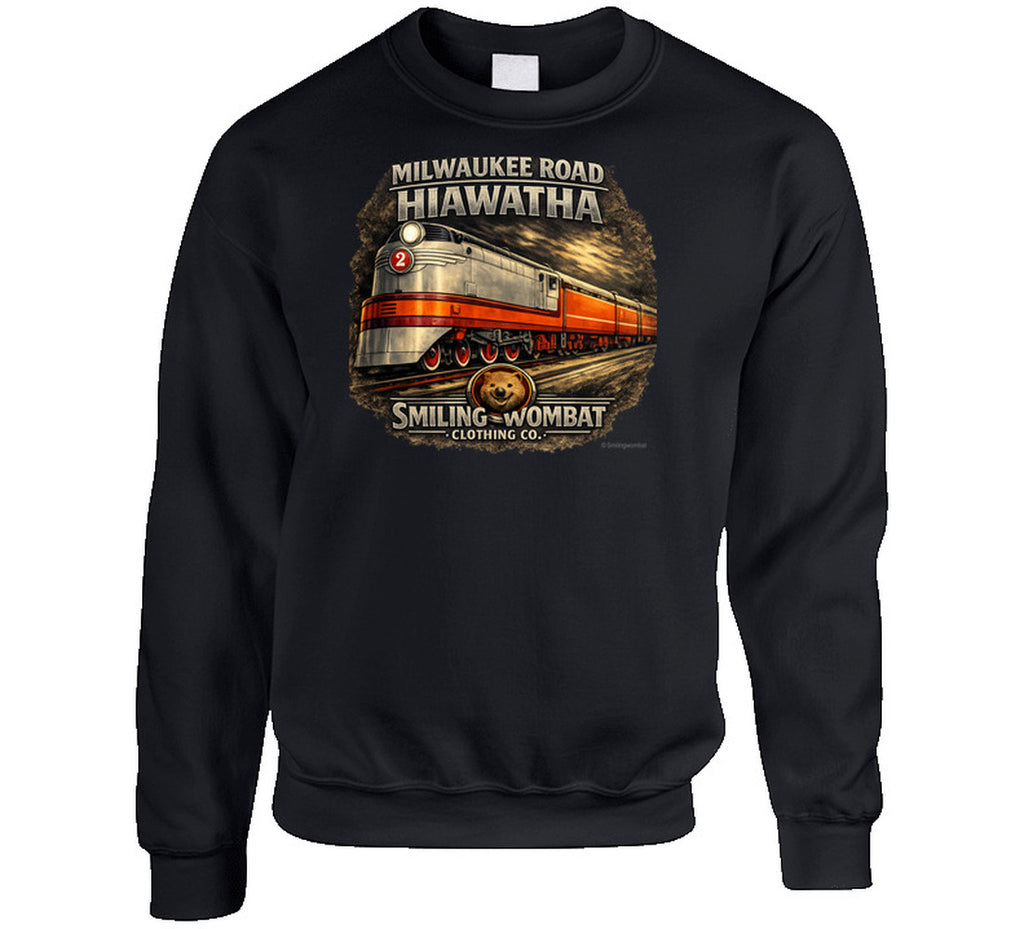 Milwaukee Road Hiawatha Sweatshirt in Black — retro railroad graphic sweatshirt by Smiling Wombat Clothing Co.