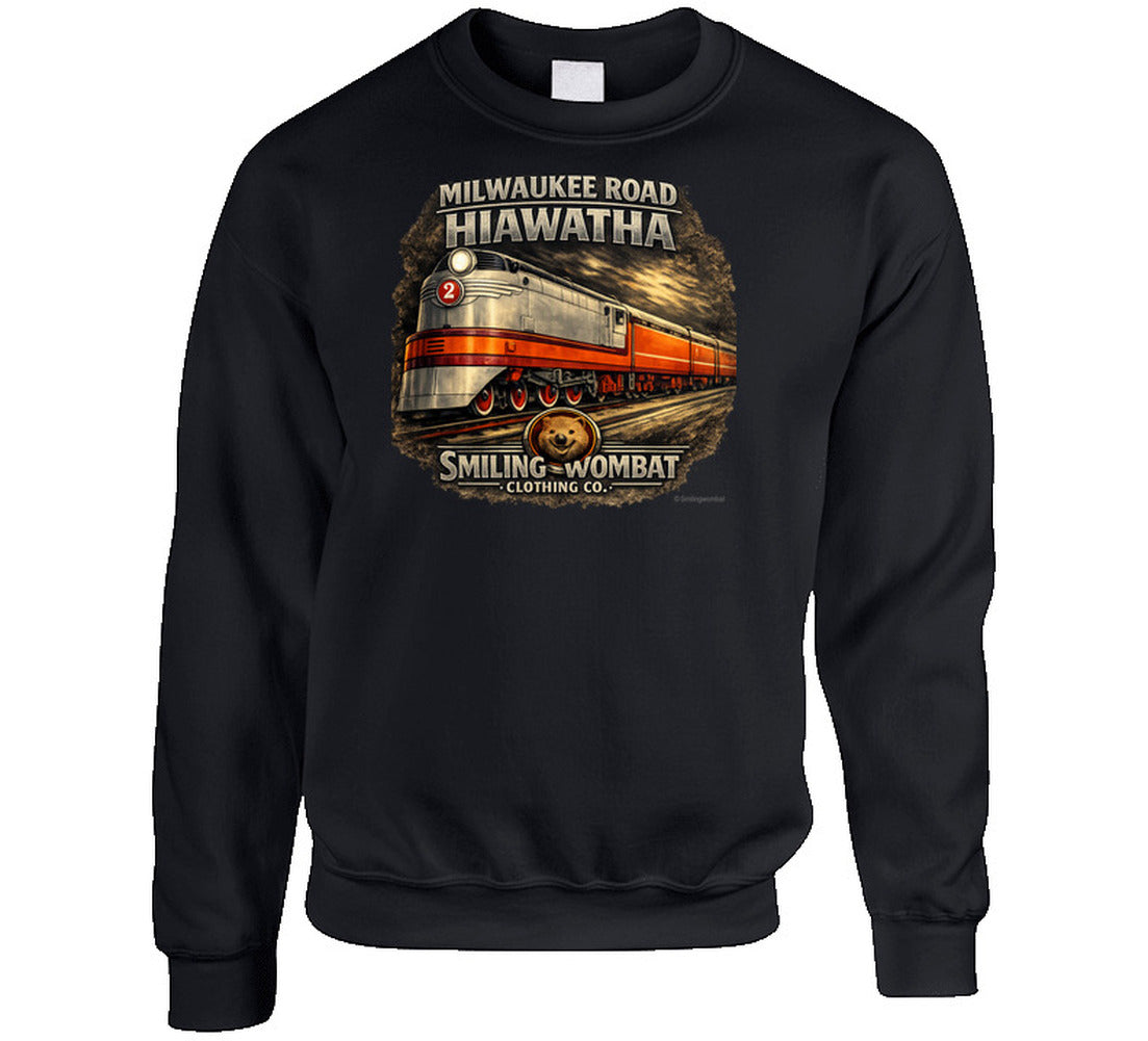 Milwaukee Road Hiawatha Sweatshirt in Black — retro railroad graphic sweatshirt by Smiling Wombat Clothing Co.