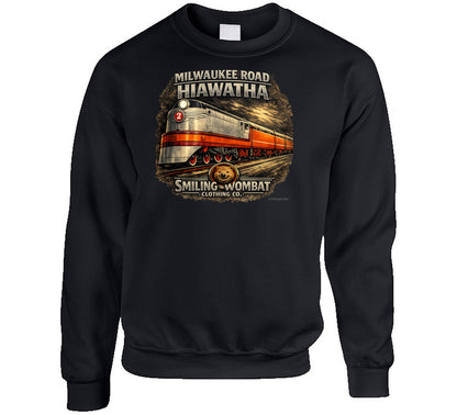 Milwaukee Road Hiawatha Sweatshirt in Black — retro railroad graphic sweatshirt by Smiling Wombat Clothing Co.