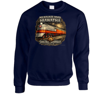 Milwaukee Road Hiawatha Sweatshirt in Navy — retro railroad graphic sweatshirt by Smiling Wombat Clothing Co.