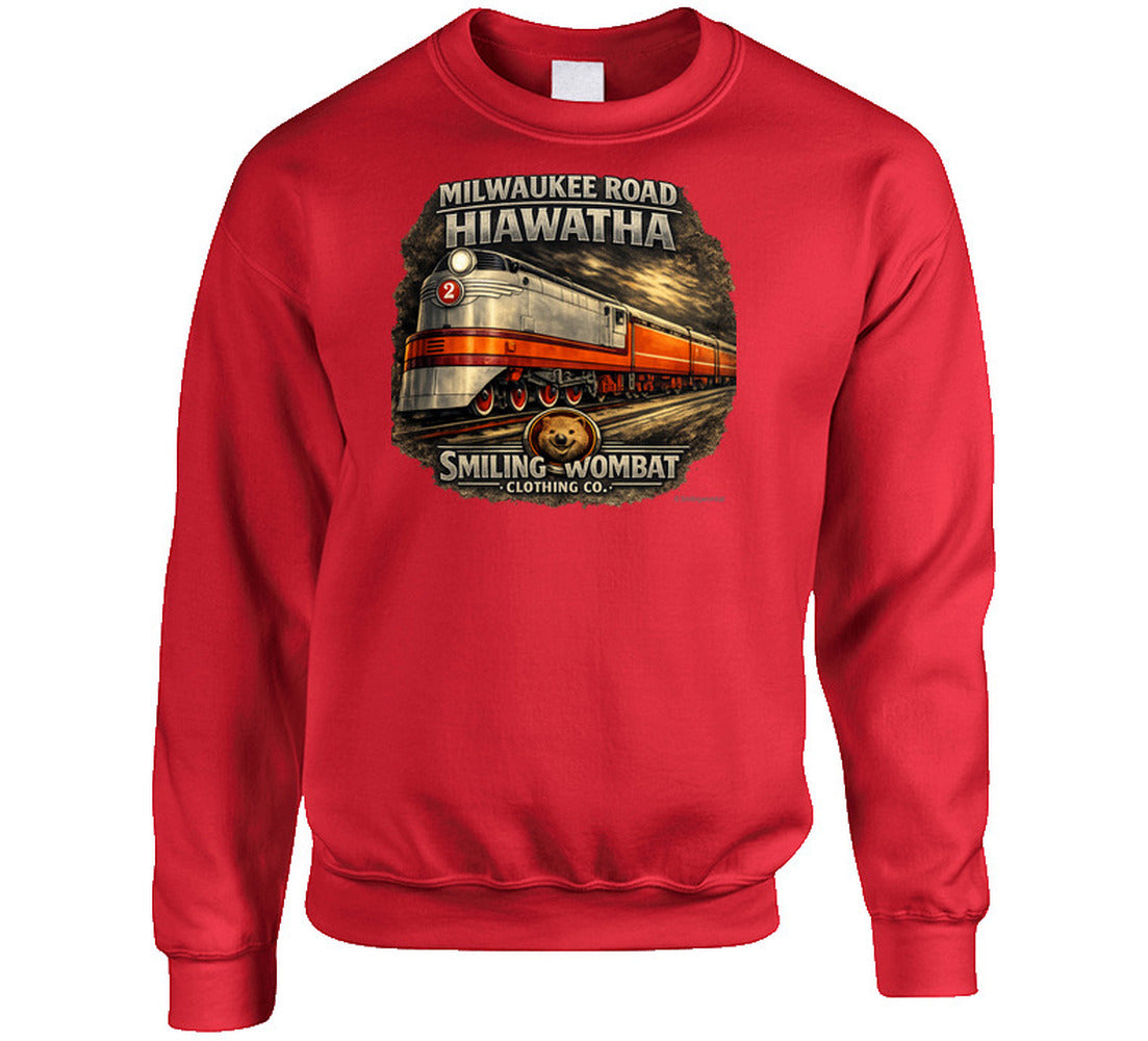 Milwaukee Road Hiawatha Sweatshirt in Red— retro railroad graphic sweatshirt by Smiling Wombat Clothing Co.