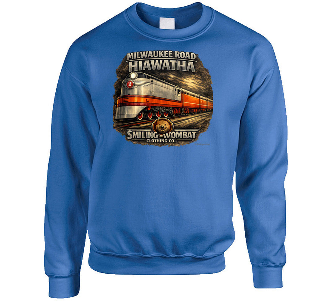Milwaukee Road Hiawatha Sweatshirt in Royal Blue — retro railroad graphic sweatshirt by Smiling Wombat Clothing Co.