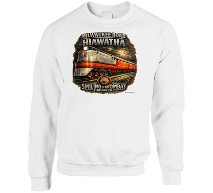 Milwaukee Road Hiawatha Sweatshirt in White — retro railroad graphic sweatshirt by Smiling Wombat Clothing Co.