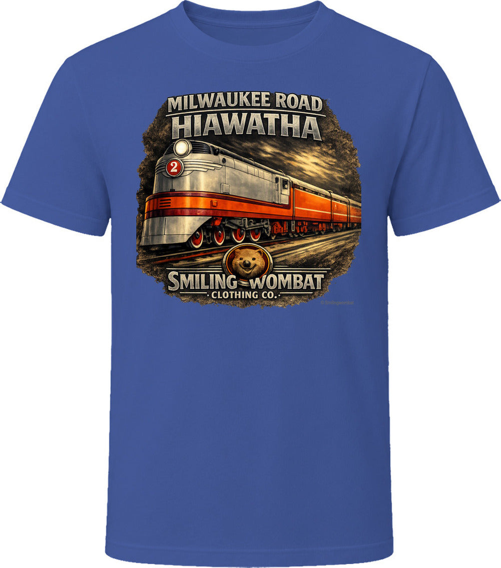 Milwaukee Road Hiawatha T-Shirt in Navy— vintage locomotive graphic tee by Smiling Wombat Clothing Co.