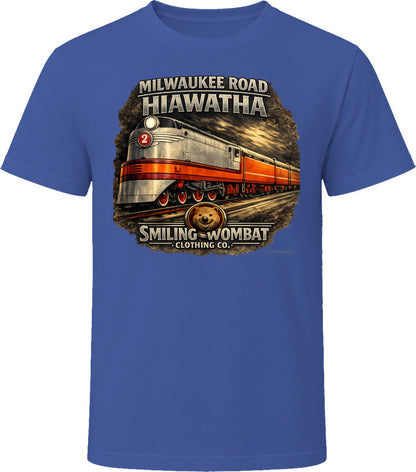 Milwaukee Road Hiawatha T-Shirt in Navy— vintage locomotive graphic tee by Smiling Wombat Clothing Co.