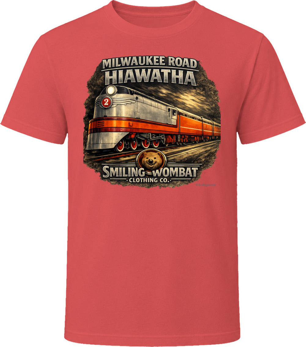 Milwaukee Road Hiawatha T-Shirt in Red — vintage locomotive graphic tee by Smiling Wombat Clothing Co.