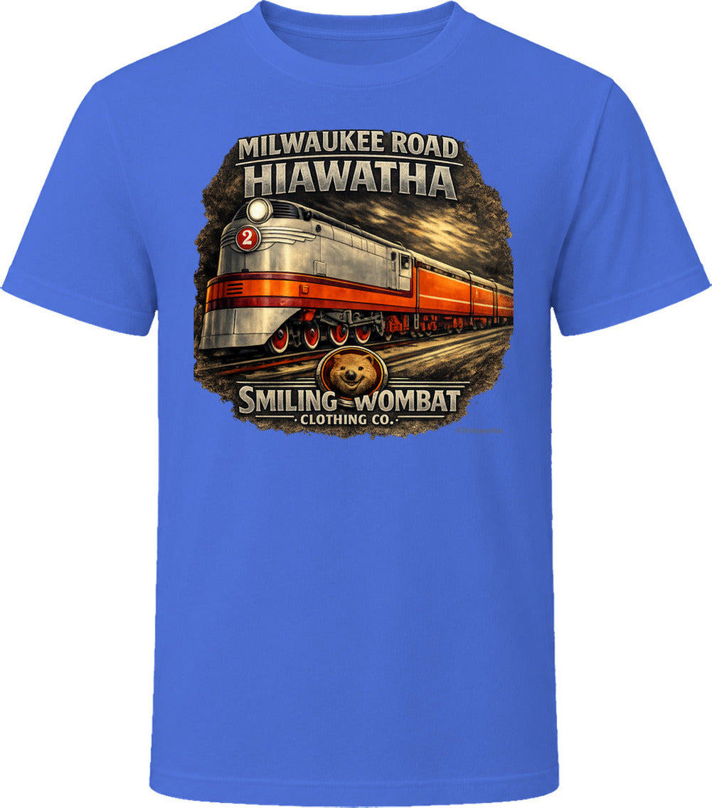 Milwaukee Road Hiawatha T-Shirt in Royal Blue — vintage locomotive graphic tee by Smiling Wombat Clothing Co.
