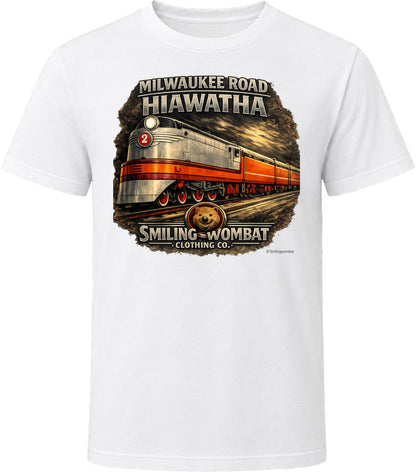 Milwaukee Road Hiawatha T-Shirt in White — vintage locomotive graphic tee by Smiling Wombat Clothing Co.