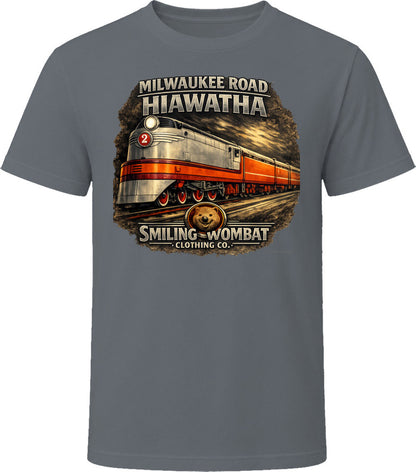 Milwaukee Road Hiawatha T-Shirt in Charcoal Grey — vintage locomotive graphic tee by Smiling Wombat Clothing Co.
