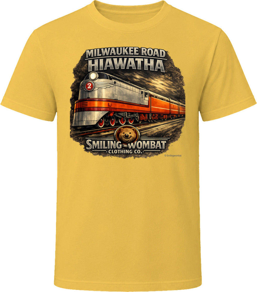 Milwaukee Road Hiawatha T-Shirt in Daisy — vintage locomotive graphic tee by Smiling Wombat Clothing Co.