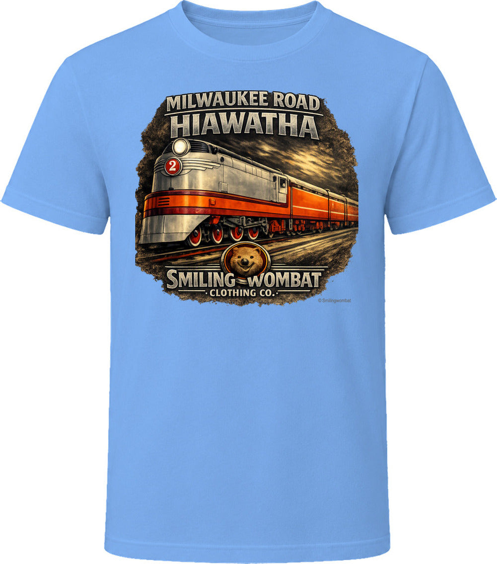 Milwaukee Road Hiawatha T-Shirt in Light Blue — vintage locomotive graphic tee by Smiling Wombat Clothing Co.
