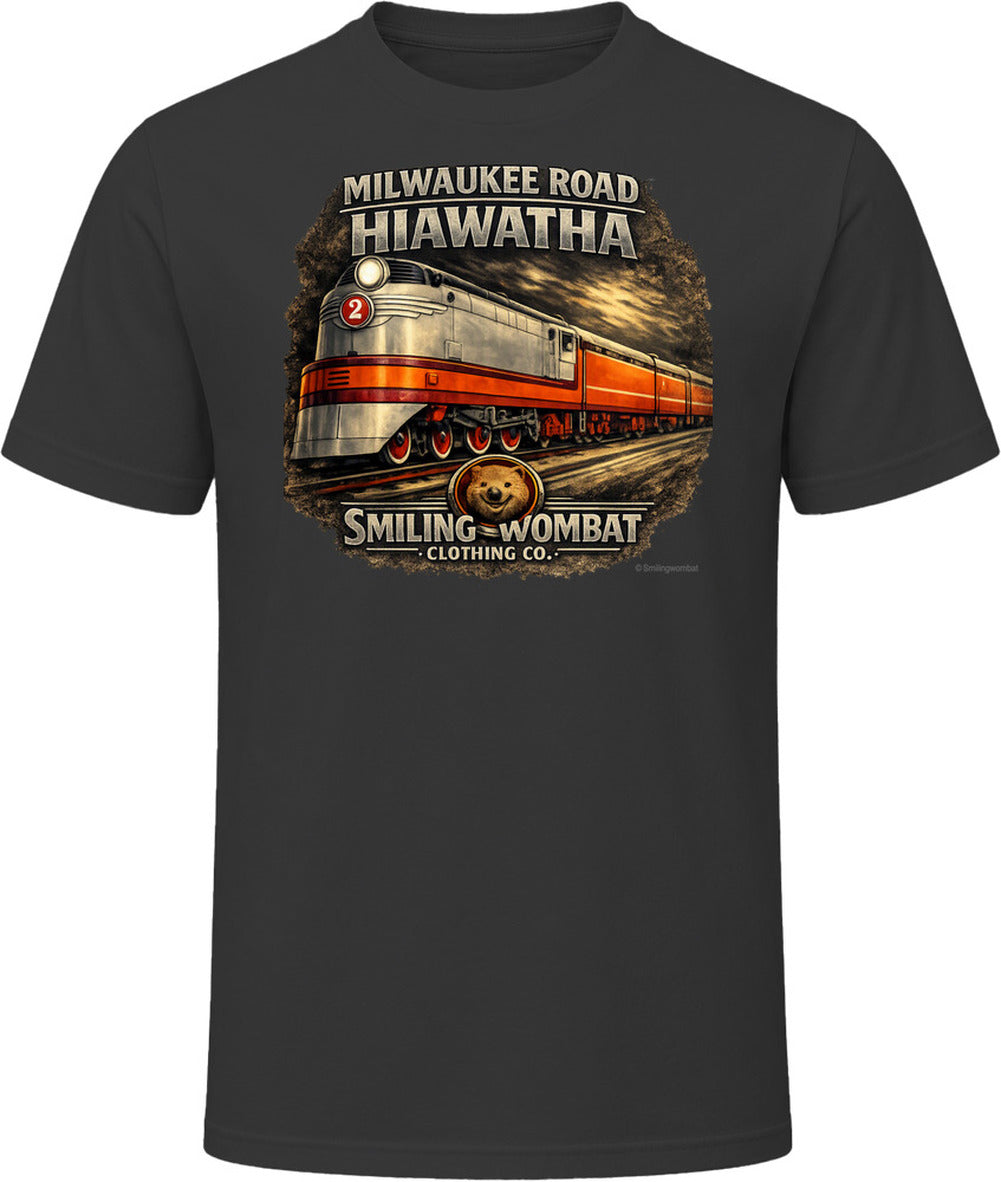 Milwaukee Road Hiawatha T-Shirt in Black— vintage locomotive graphic tee by Smiling Wombat Clothing Co.