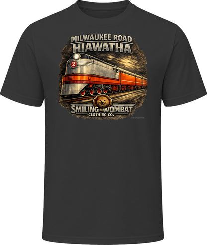 Milwaukee Road Hiawatha T-Shirt in Black— vintage locomotive graphic tee by Smiling Wombat Clothing Co.
