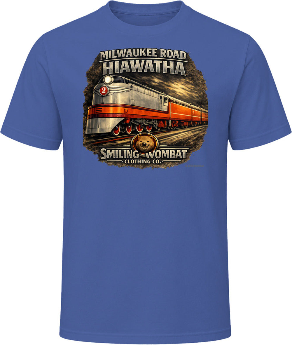 Milwaukee Road Hiawatha T-Shirt in Navy — vintage locomotive graphic tee by Smiling Wombat Clothing Co.