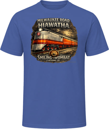 Milwaukee Road Hiawatha T-Shirt in Navy — vintage locomotive graphic tee by Smiling Wombat Clothing Co.