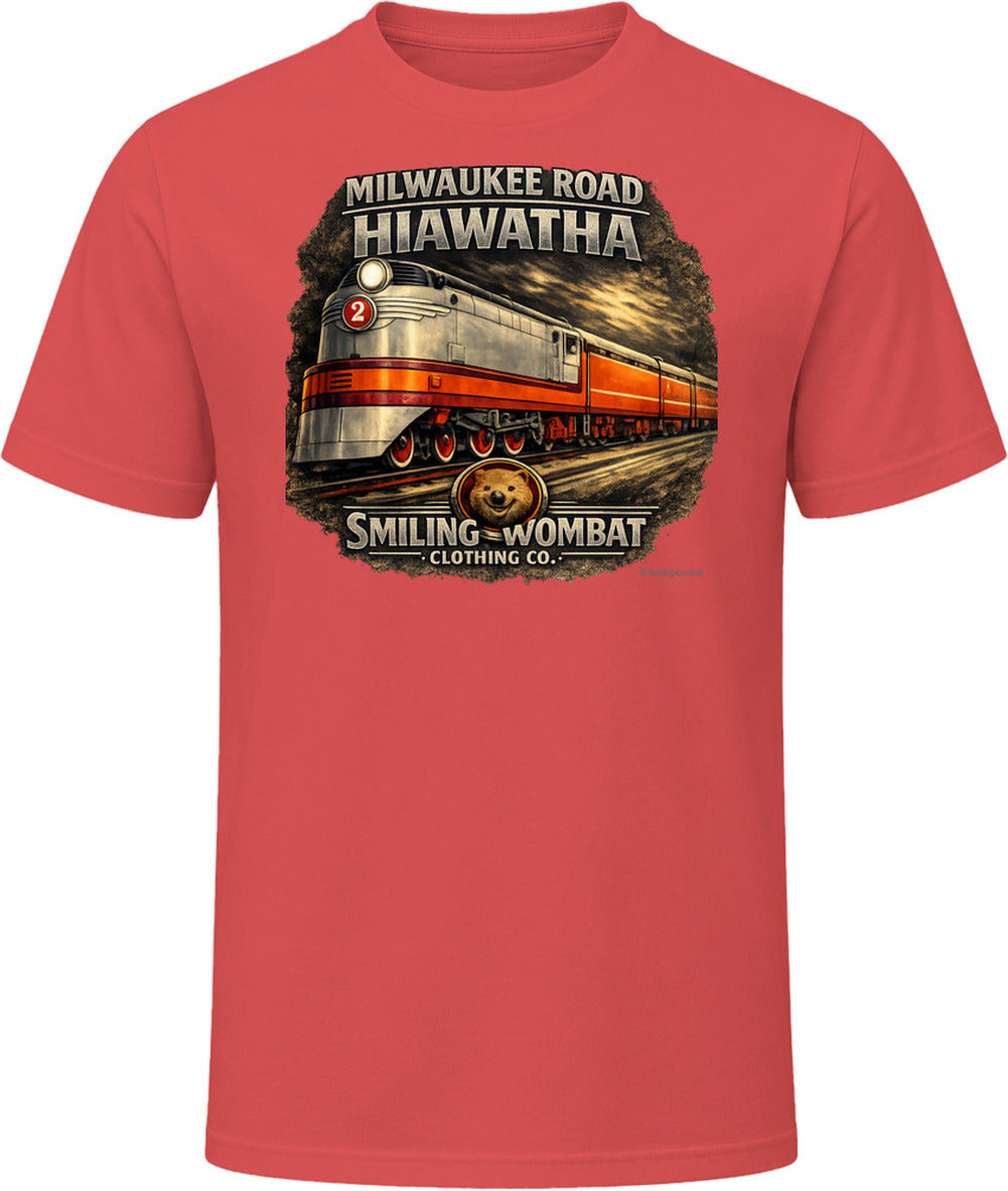 Milwaukee Road Hiawatha T-Shirt in Red — vintage locomotive graphic tee by Smiling Wombat Clothing Co.