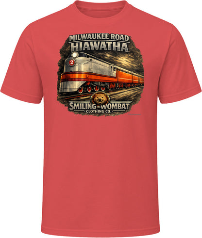 Milwaukee Road Hiawatha T-Shirt in Red — vintage locomotive graphic tee by Smiling Wombat Clothing Co.