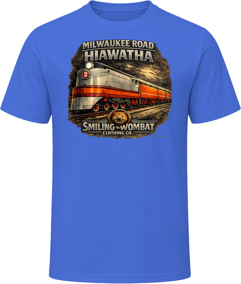 Milwaukee Road Hiawatha T-Shirt in Royal Blue  — vintage locomotive graphic tee by Smiling Wombat Clothing Co.