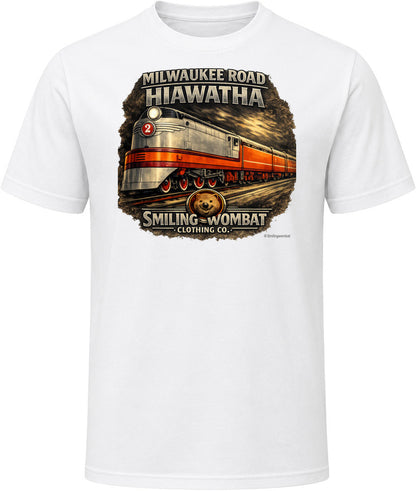 Milwaukee Road Hiawatha T-Shirt in White — vintage locomotive graphic tee by Smiling Wombat Clothing Co.