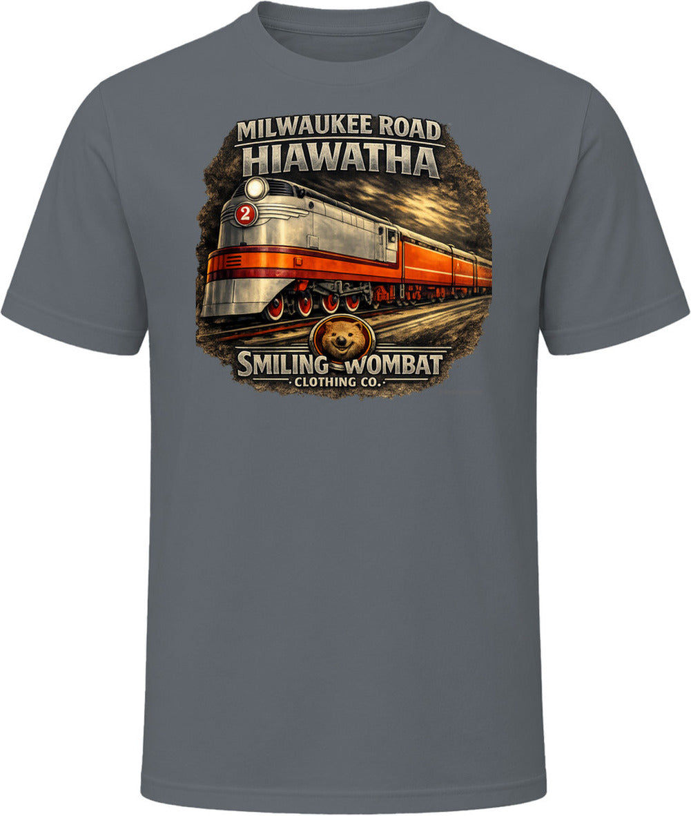 Milwaukee Road Hiawatha T-Shirt in Charcoal  Grey — vintage locomotive graphic tee by Smiling Wombat Clothing Co.