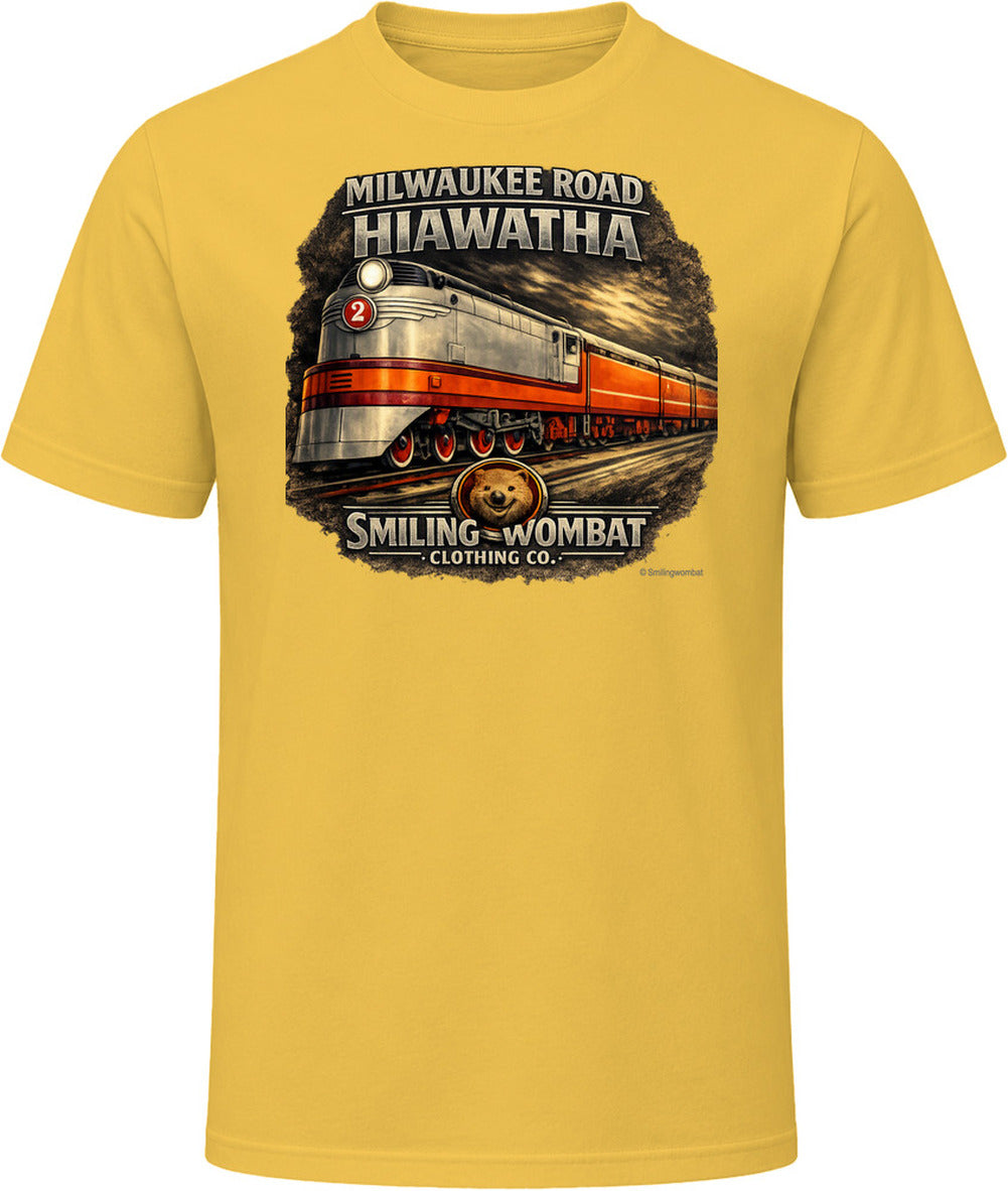 Milwaukee Road Hiawatha T-Shirt in Daisy — vintage locomotive graphic tee by Smiling Wombat Clothing Co.