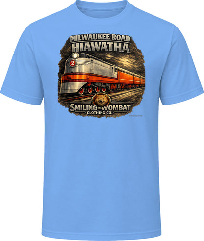 Milwaukee Road Hiawatha T-Shirt in Light Blue — vintage locomotive graphic tee by Smiling Wombat Clothing Co.