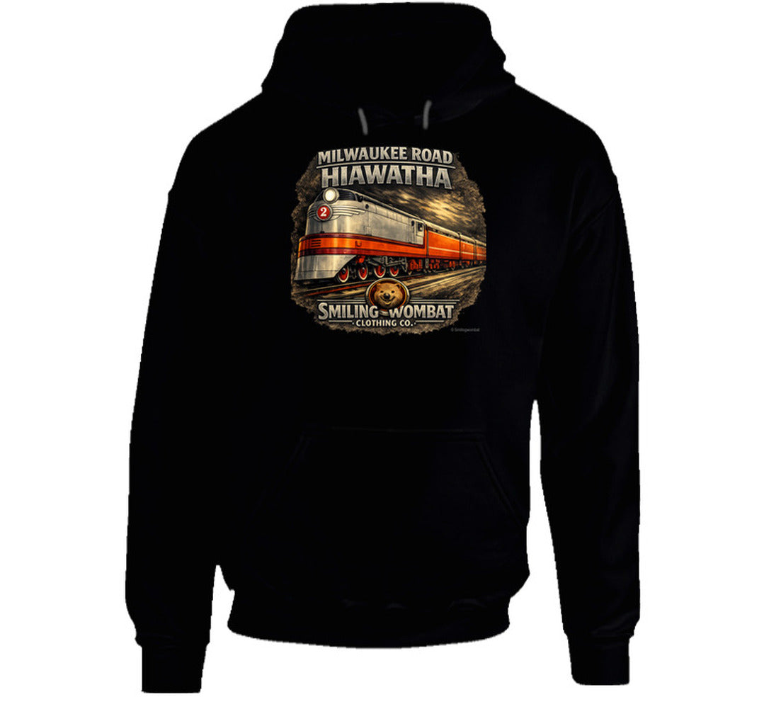 Milwaukee Road Hiawatha Hoodie in Black — vintage train graphic pullover hoodie by Smiling Wombat Clothing Co.