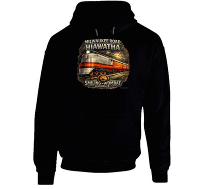 Milwaukee Road Hiawatha Hoodie in Black — vintage train graphic pullover hoodie by Smiling Wombat Clothing Co.
