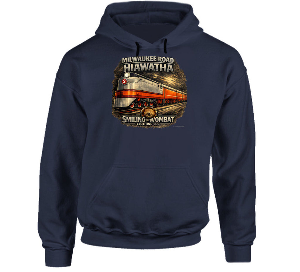 Milwaukee Road Hiawatha Hoodie in Navy — vintage train graphic pullover hoodie by Smiling Wombat Clothing Co.
