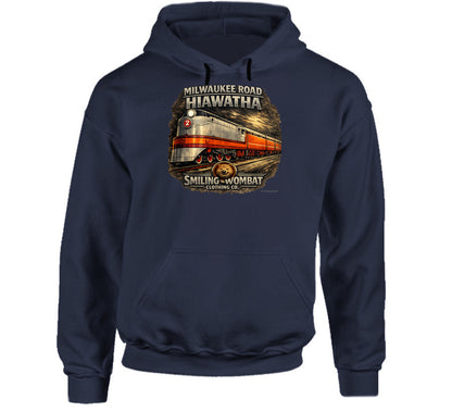 Milwaukee Road Hiawatha Hoodie in Navy — vintage train graphic pullover hoodie by Smiling Wombat Clothing Co.