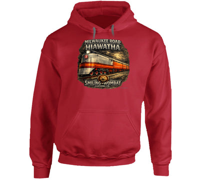 Milwaukee Road Hiawatha Hoodie in Red — vintage train graphic pullover hoodie by Smiling Wombat Clothing Co.