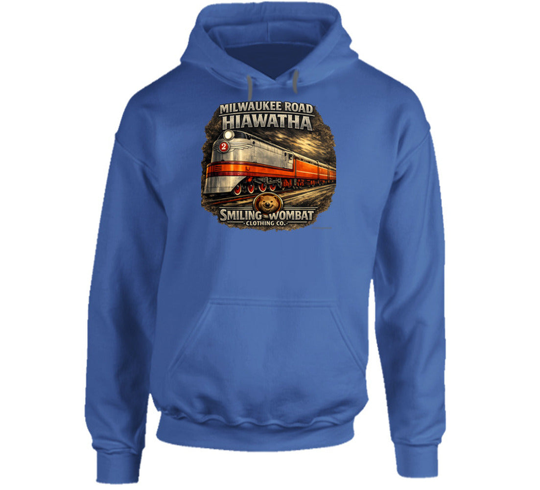 Milwaukee Road Hiawatha Hoodie in Royal Blue — vintage train graphic pullover hoodie by Smiling Wombat Clothing Co.