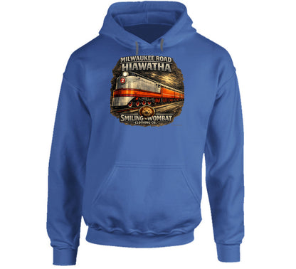 Milwaukee Road Hiawatha Hoodie in Royal Blue — vintage train graphic pullover hoodie by Smiling Wombat Clothing Co.