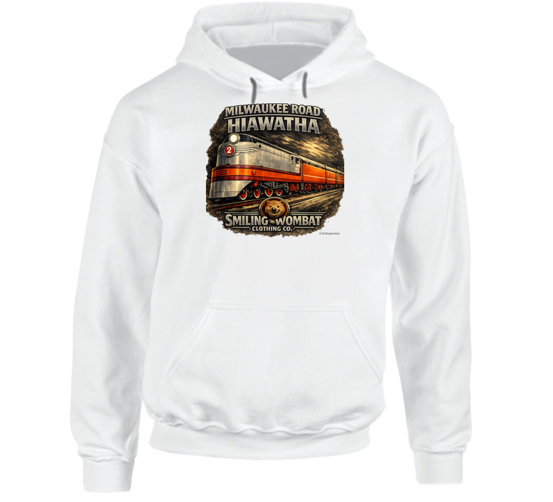 Milwaukee Road Hiawatha Hoodie in White — vintage train graphic pullover hoodie by Smiling Wombat Clothing Co.