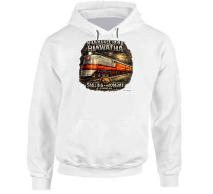Milwaukee Road Hiawatha Hoodie in White — vintage train graphic pullover hoodie by Smiling Wombat Clothing Co.