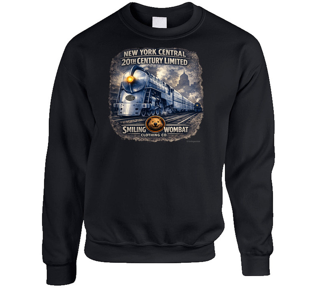 New York Central 20th Century Limited black Sweat shirt with vintage steam locomotive graphic by Smiling Wombat
