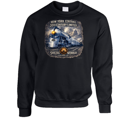 New York Central 20th Century Limited black Sweat shirt with vintage steam locomotive graphic by Smiling Wombat