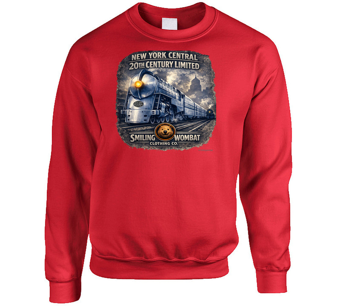 20th Century Limited red graphic sweat shirt with vintage New York Central railroad design