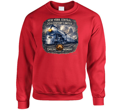20th Century Limited red graphic sweat shirt with vintage New York Central railroad design