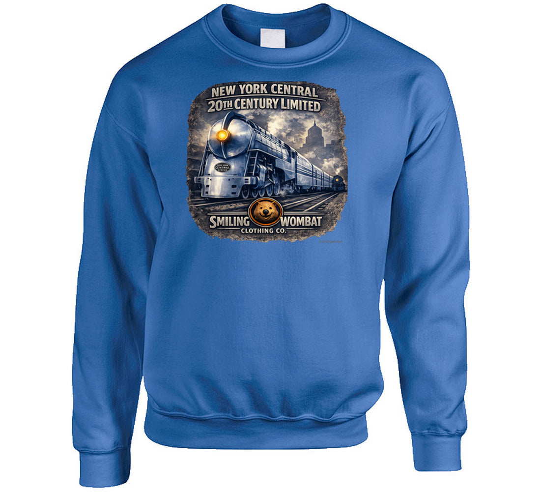 New York Central 20th Century Limited royal blue graphic swear shirt steam locomotive design