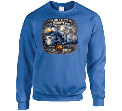 New York Central 20th Century Limited royal blue graphic swear shirt steam locomotive design