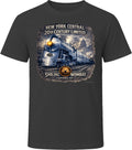 New York Central 20th Century Limited black t-shirt with vintage steam locomotive graphic by Smiling Wombat
