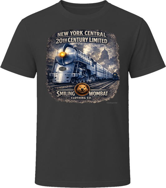 New York Central 20th Century Limited black t-shirt with vintage steam locomotive graphic by Smiling Wombat